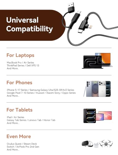 ASICEN 100W PD 2 in 2 Multi Charging Cable,6ft Braided USB C to 90°Lightning Cable 5A Fast Charging with USB A/C to C/L for iPhone Series/MacBook/iPad/Galaxy/Switch 2,Multi Chargers (2, Black, 6Ft) - color: Black, size: 6Ft