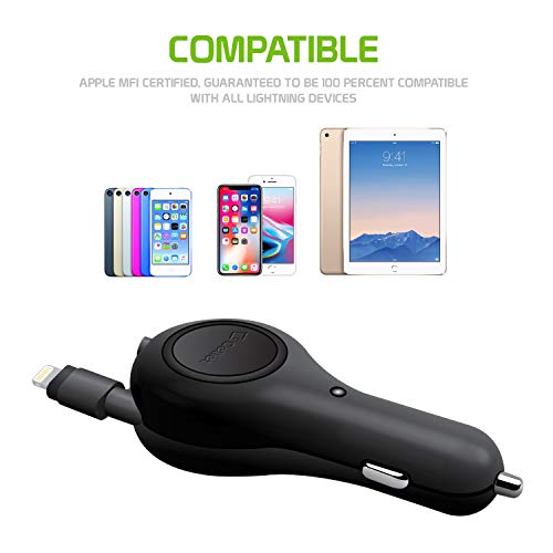 Cellet Retractable Car Charger with Lightning Cable Compatible with Apple iPhone 14 13 12 SE 11 Xr Xs X iPad Pro Air Mini iPod Touch Nano (Apple MFI Certified) 3-Feet - color: 5 Watt Lighting