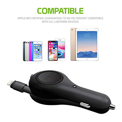 Cellet Retractable Car Charger with Lightning Cable Compatible with Apple iPhone 14 13 12 SE 11 Xr Xs X iPad Pro Air Mini iPod Touch Nano (Apple MFI Certified) 3-Feet - color: 5 Watt Lighting