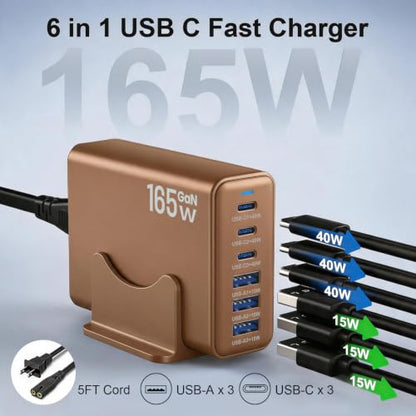 165W Charging Station, 6 Port Desktop Charger, 3 Ports 40W Brown - color: Brown