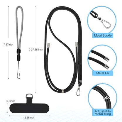 takyu Cell Phone Lanyard, Crossbody Phone Lanyard Adjustable Neck Strap and 2 Pack Phone Wrist Strap with Phone Tether Patches for Most Smartphones-2Black+Grey - color: Black