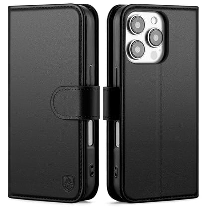 Compatible with iPhone 16 Pro Max Genuine Leather Case Wallet with Card Holder,Women Men Real Leather Flip Folio RFID Blocking Credit Card Slots Phone Cover,for Apple 16 ProMax,Black - color: Black, size: iPhone 16 Pro Max - 6.9"