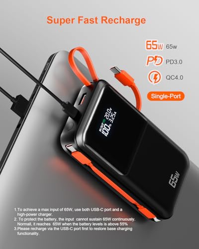 65W Portable Laptop Charger - 26,800mAh Power Bank with Built-in USB-C Cables, 3-Port 130W Total Fast Charging for MacBook/iPhone/Steam Deck|TSA-Approved Travel Essential Airplane Safe (Black)