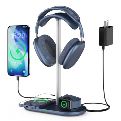 4 in 1 Headphone Stand, 15W Wireless Charger for Airpods/iPhone/iWatch - color: Blue