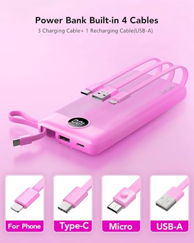 VRURC Portable Charger, Slim Power Bank Built-in 4 Cables, Travel Essential - color: Purple