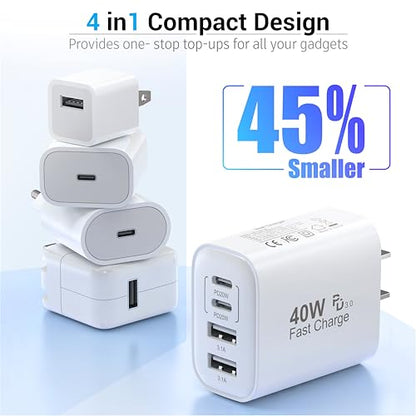 TT&C USB C Charger Block 2-Pack, 40W 4 Ports Wall Charger for iPhone 17,16 - color: White 2Pack