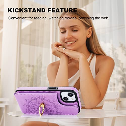 HAOPINSH for iPhone 13/ iPhone 14 Wallet Case with Card Holder, 360°Rotation Ring Kickstand, Purple Mandala Pattern, RFID Blocking Leather for Girls Women, Double Buttons Flip Cover 6.1" - color: Purple Mandala