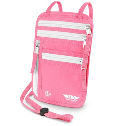 HERO Neck Wallet - RFID Blocking Passport Holder, Easy to Conceal Travel Pouch (Hot Pink) - color: Hot Pink