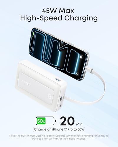 Anker Zolo Power Bank, 20,000mAh 45W Portable Charger with Built-in USB-C - color: White, size: Built-in C cable*1