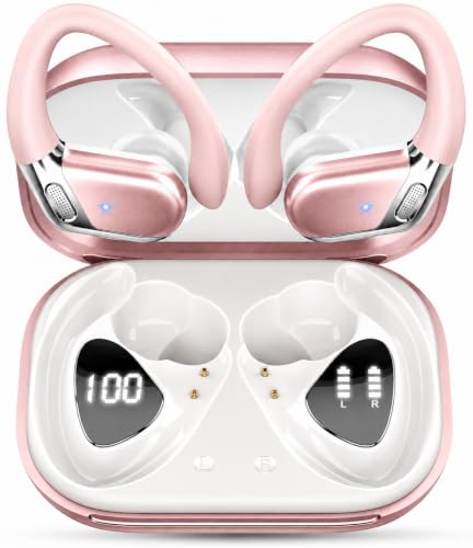 Wireless Earbuds, Bluetooth 5.4 Headphones Sport, 50H Deep Bass Sound Over Ear Buds with 4 ENC Noise Cancelling Mic, Dual LED Display, IP7 Waterproof Earphones with Earhook for Workout/Running/Gym - color: Pinkish-white