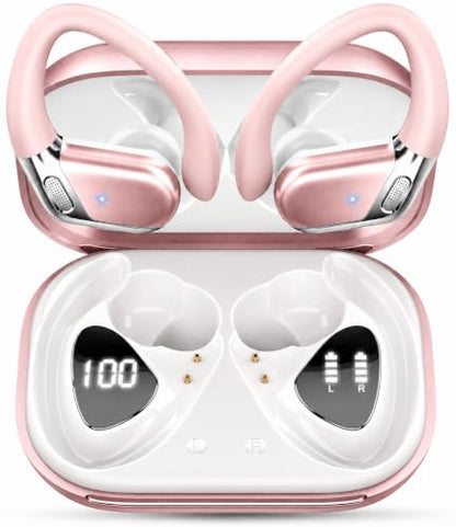 Wireless Earbuds, Bluetooth 5.4 Headphones Sport, 50H Deep Bass Sound Over Ear Buds with 4 ENC Noise Cancelling Mic, Dual LED Display, IP7 Waterproof Earphones with Earhook for Workout/Running/Gym - color: Pinkish-white