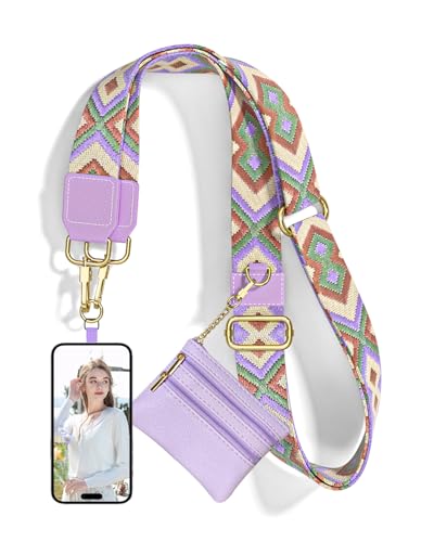 Nipichsha Crossbody Phone Strap with Wallet, Clip and Go Strap for Phone - color: Purple Geometry