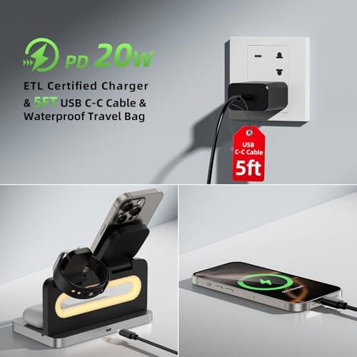 3 in 1 Wireless Charging Station for Apple MagSafe Charger,Magnetic Wireless Charger Stand for iPhone 16 15 14 13 12,Foldable Nightstand Charging Dock for Apple Devices iWatch,AirPods with Night Light - color: Black