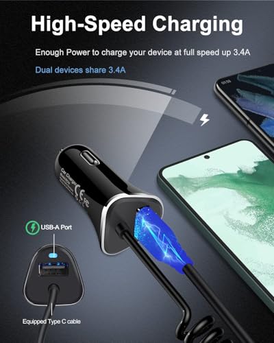 iPhone 18 17e USBC Car Charger with Built-in 3ft Coiled Cable Fast Charging - color: Black Coiled Charger