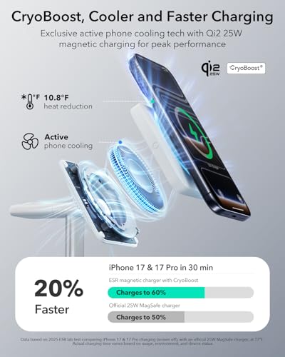 ESR 3 in 1 Charging Station, Qi2.2 25W MagSafe Charger Stand w/Cryoboost - color: White