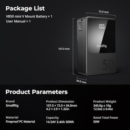 SMALLRIG V Mount Battery VB50, 50Wh / 3400mAh PD45W Mini V-Mount Battery | 1.5H Full Charge, with USB-C, D-TAP, USB-A, Dual DC Ports, OLED Screen, for Cameras, Phones, Camcorders, Monitors