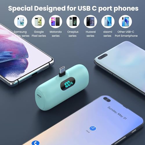 Mini Portable Charger USB C Power Bank,5000mAh PD Fast Charging Battery Pack Built-in USB-C Connector Travel Essential for iPhone17/Pro/17Pro Max/16e/Air/16 Plus/16Pro Max/15 All Series,Android Green - color: Green