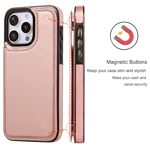 Wallet Case Compatible with iPhone 15 Pro Max(6.7"),Slim Protective case with Card Holder with 1 Screen Protective Glass,Premium PU Leather Kickstand Card Slots Case-Rose Gold - color: Rose Gold