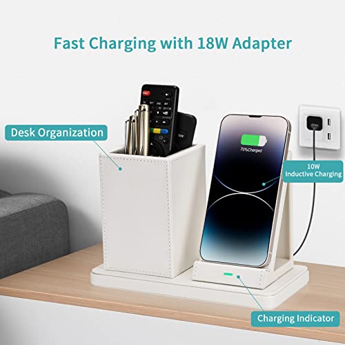 Wireless Charger with Desk Organizer, Wireless Charging Station for iPhone 14/14 Pro/13/12/11/Samsung Galaxy S23/S22/S21/S20/Note 20/Note 10, Charging Stand with Leather, White - color: White