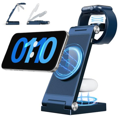 RYND 2026 Traveling Wireless Mag-Safe Fast Charging Station,Magnetic 3 in 1 Charger with Light for iPhone 16 15 14 13 12 Pro Max Plus,Apple Watch Series & Air pods 4 3 2 Pro-Gifts for Wife & Husband - color: Dark Blue