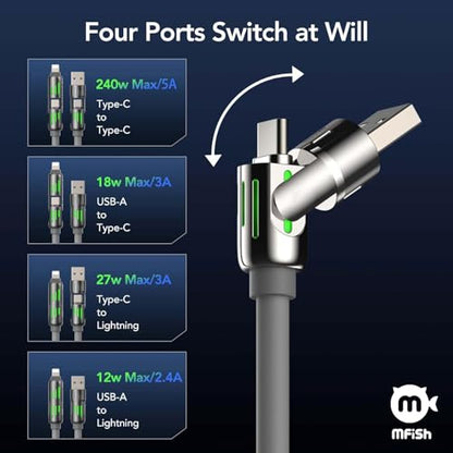 MFish 240W 4-in-1 Fast Charging Cable, Grey, 6.6FT - color: Grey, size: 6.6FT
