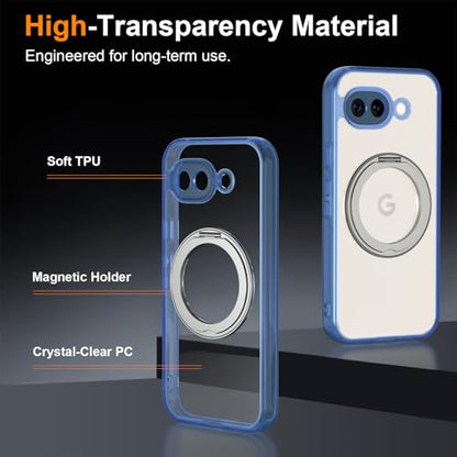 Magnetic Case for Google Pixel 10a Phone 2026 with Rotating Stand, Slim Non-Yellowing Transparent Clear Shockproof Cover with Wireless Charging (Blue) - color: Blue, size: Pixel 10a