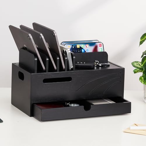 Homde Bamboo Charging Station Organizer: 6 Compartments and Drawer - color: Black