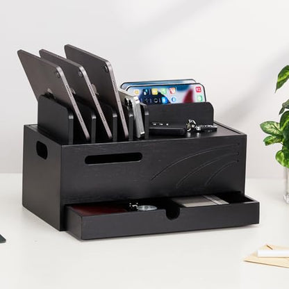 Homde Bamboo Charging Station Organizer: 6 Compartments and Drawer - color: Black