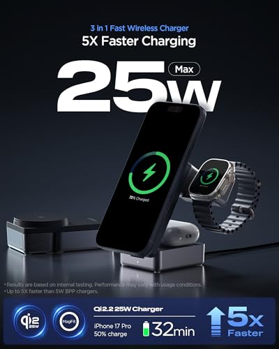 Spigen 3 in 1 Wireless Charging Station, Qi2.2 25W Fast Charger for MagSafe