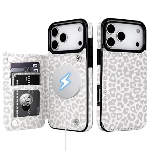 HAOPINSH Wallet Case for iPhone 17 Pro Max,Compatible with MagSafe Wireless Charging, White Leopard Cheetah Pattern Back Flip Folio Leather Kickstand Card Slots Case Double Magnetic Clasp Cover 6.9" - color: White Leopard for MagSafe