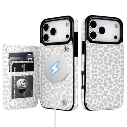 HAOPINSH Wallet Case for iPhone 17 Pro Max,Compatible with MagSafe Wireless Charging, White Leopard Cheetah Pattern Back Flip Folio Leather Kickstand Card Slots Case Double Magnetic Clasp Cover 6.9" - color: White Leopard for MagSafe