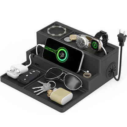 Valet Tray, Nightstand Organizer with Charging Station - color: Classic Black