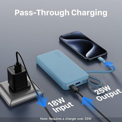 JUOVI 25W Portable Charger 10000mah Power Bank Built-in USB-C Cable - color: Blue