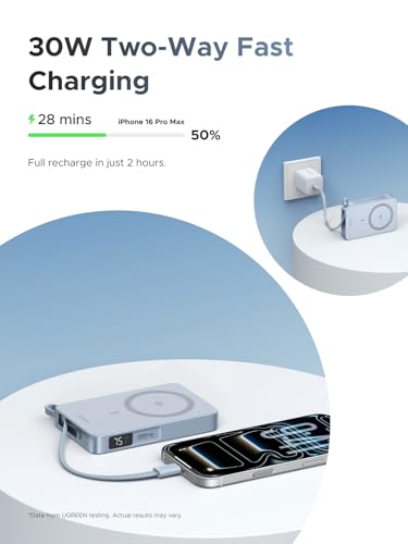 UGREEN MagFlow 10000mAh Qi2 25W Wireless Power Bank Built-in Cable - color: Blue