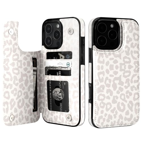HAOPINSH for iPhone 16 Pro Max Case Wallet with Card Holder, White Leopard Cheetah Pattern Back Flip Folio PU Leather Kickstand Card Slots Case for Women Girls, Double Magnetic Clasp Shockproof 6.9" - color: White Leopard
