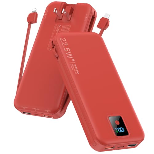 Portable Charger 12000mAh 22.5W w/Built-in Cable & Wall Plug Red - color: Red
