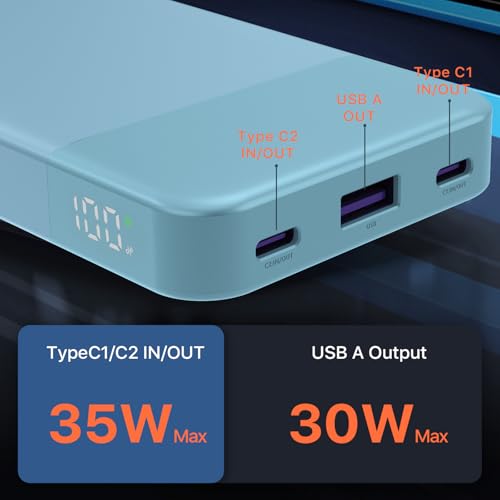 JUOVI Power Bank 35W 10000mAh Portable Charger Fast Charging - color: Blue