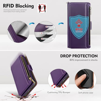 Antsturdy for iPhone 14 Plus Phone Wallet Case Women,Purple | RFID Blocking,with Credit Card Holder Slots,PU Leather Purse,Zipper Pocket,Wrist Strap Kickstand,Flip Folio Cover for Men - color: Purple