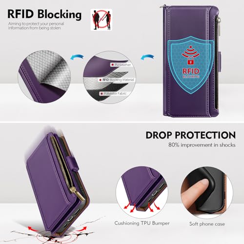 Antsturdy for iPhone 17 Pro Phone Wallet Case Women,Purple | RFID Blocking,with Credit Card Holder Slots,PU Leather Purse,Zipper Pocket,Wrist Strap Kickstand,Flip Folio Cover for Men - color: Purple