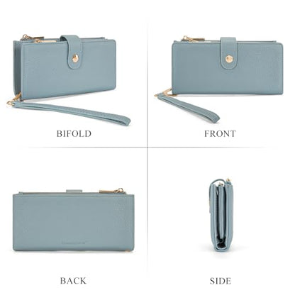 Montana West Wallet Wristlet Women Bifold Wallets, Card Cases & Money Organizers Large Capacity Phone Wallet Ladies Female Minimalist Clutch Wallets with Double Zipper Purses and ID Window - color: Jeans Blue