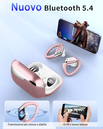 Wireless Earbuds, Bluetooth 5.4 Headphones Sport, 50H Deep Bass Sound Over Ear Buds with 4 ENC Noise Cancelling Mic, Dual LED Display, IP7 Waterproof Earphones with Earhook for Workout/Running/Gym - color: Pinkish-white