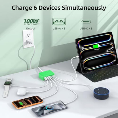 100W 6 in 1 USB Charger, 50% Smaller Charging Station for Multiple Devices - color: D-Green