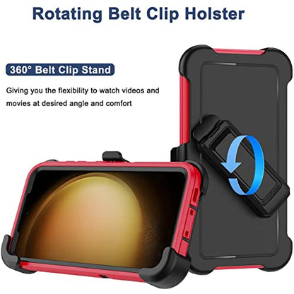 for Samsung Galaxy S23 Case with Belt Clip Holster, 2 x Screen Protector, Heavy Duty Military Grade Full Body Shockproof Dust-Proof Rugged Protective Cover for Samsung S23 5G (Red) - color: Red