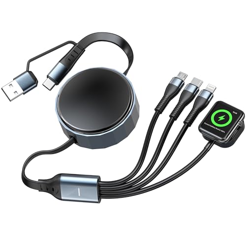Retractable Travel Multi Charging Cable for Apple Watch Charger, 100W 4 in 2 Retractable Car Charger with Apple Watch, USB-C, Lightning & Micro USB, Multi Charging Cord for iWatch Series/iPhone/iPad