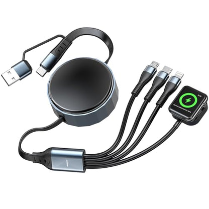 Retractable Travel Multi Charging Cable for Apple Watch Charger, 100W 4 in 2 Retractable Car Charger with Apple Watch, USB-C, Lightning & Micro USB, Multi Charging Cord for iWatch Series/iPhone/iPad