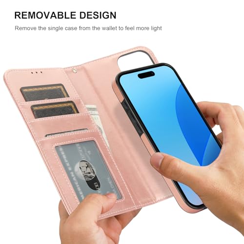 Bocasal Detachable Wallet Case Card Holder for iPhone 16 Pro Max Rose Gold | RFID Blocking Kickstand Card Slots Holder PU Leather Magnetic Shockproof Wrist Strap Removable Flip Protective Cover 6.9 inch - color: Rose Gold