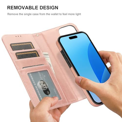 Bocasal Detachable Wallet Case Card Holder for iPhone 16 Pro Max Rose Gold | RFID Blocking Kickstand Card Slots Holder PU Leather Magnetic Shockproof Wrist Strap Removable Flip Protective Cover 6.9 inch - color: Rose Gold