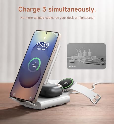 SURITCH for Samsung 3-in-1 Wireless Charging Station, Ultra-Portable Charging Dock Stand for Galaxy S26/S25/S24/S23/S22/S21/Note/Z Fold Flip, Galaxy Watch 8/7/6/5/4/3/Buds, White - color: White