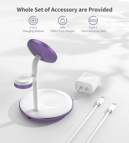 3 in 1 Magnetic Wireless Charging Station for Apple Devices,15W for Magsafe - color: Lavender Purple