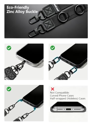 Cell Phone Lanyard Crossbody Built 3 Hooks & Anti-Slip Wrist Strap - color: Black, size: Large: Width 0.98''/Length 36.61'' – 67''